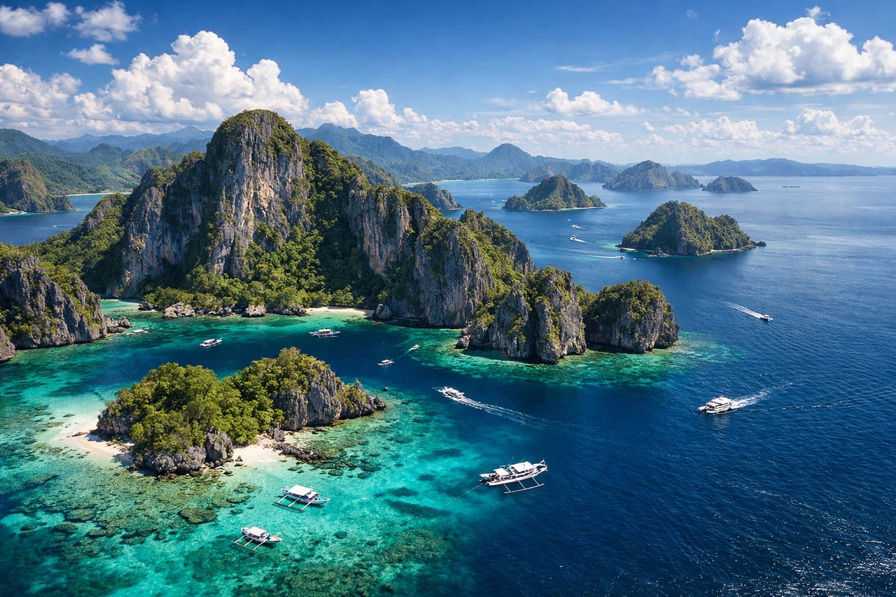 Isole tropicali dell’arcipelago di Palawan tra l’oceano turchese delle Filippine.