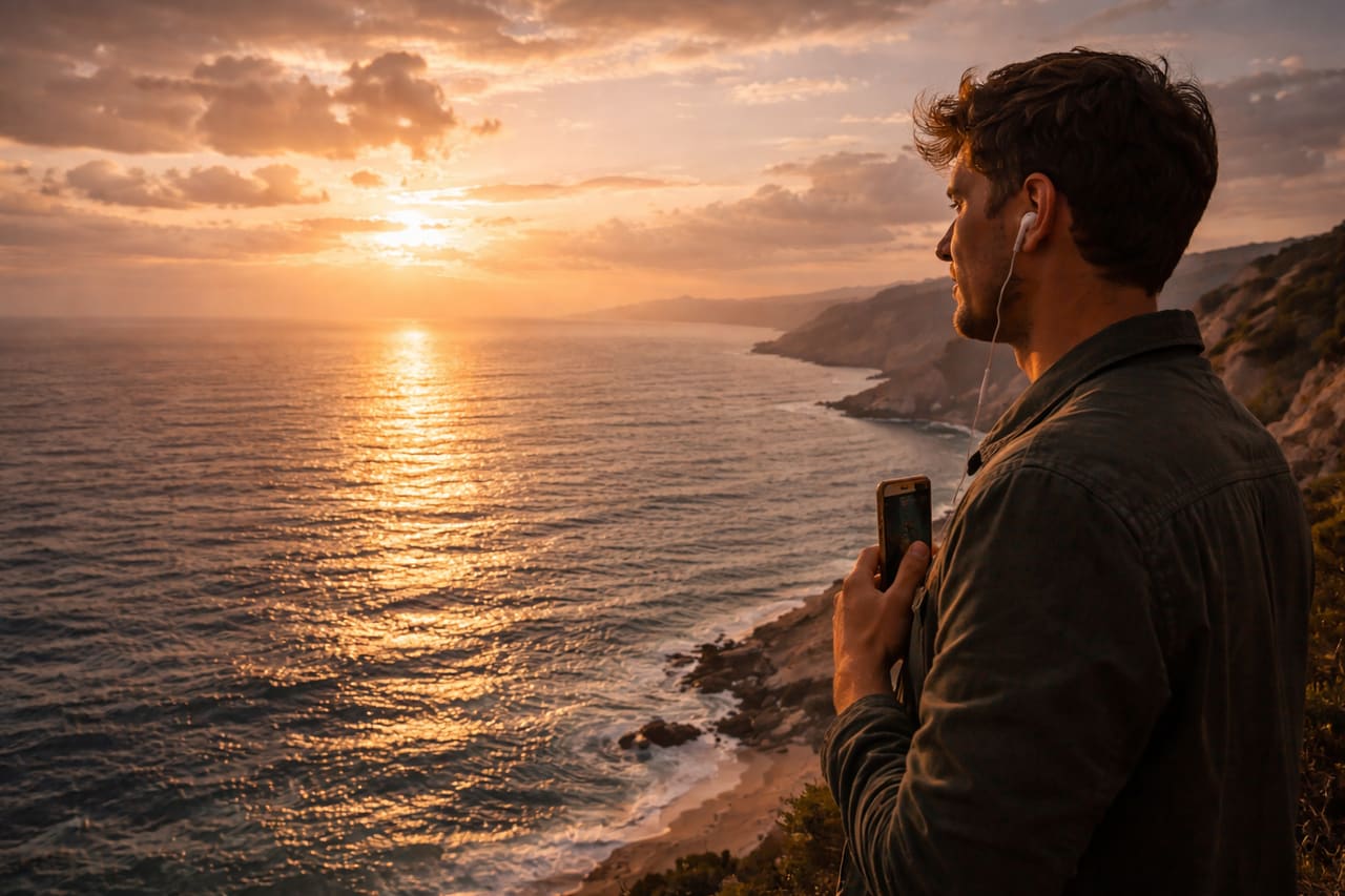 Ampia panoramica costiera con il mare fino all’orizzonte e riflessi della luce del tramonto sull’acqua; una persona di profilo è sul bordo dell’inquadratura, ascolta musica, tiene il telefono sul petto: si vede solo il bordo laterale del dispositivo.