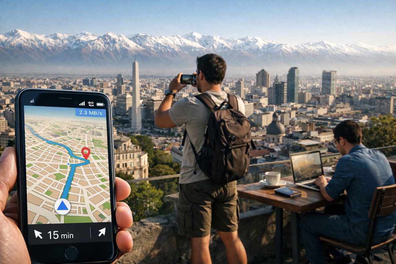 Smartphone con navigazione e eSIM attiva sullo sfondo di Buenos Aires e delle Ande: turisti usano internet durante un viaggio in Argentina