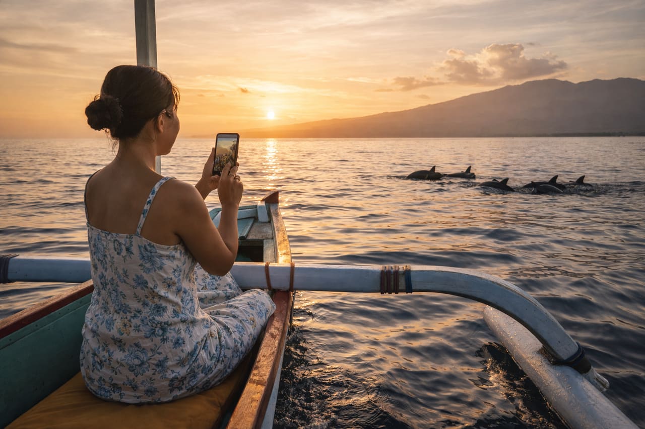 Barca a Lovina all’alba con una turista e i delfini