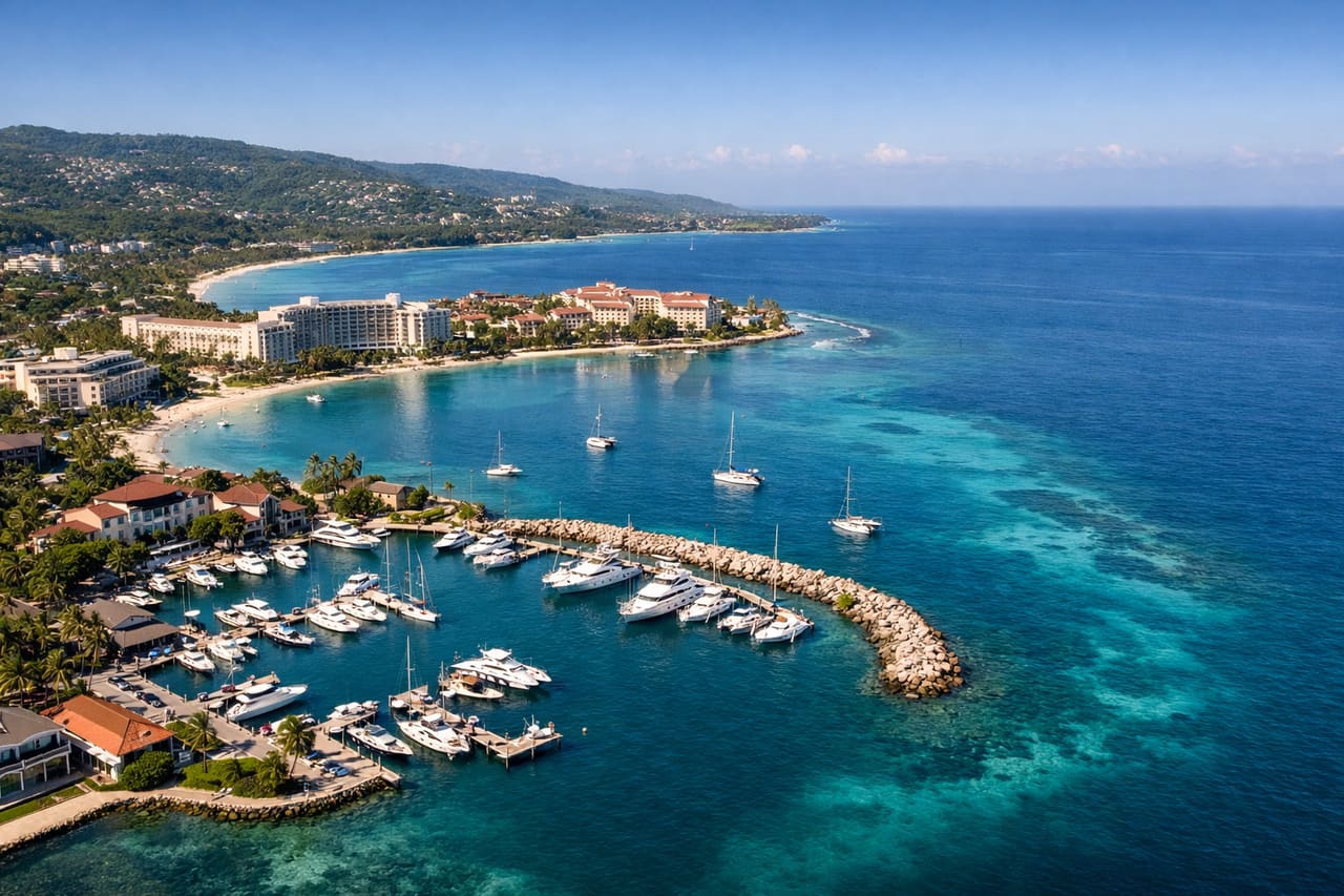 Vista sulla marina di Montego Bay con yacht e costa