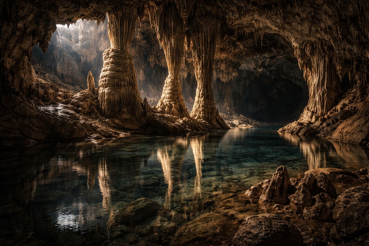 La grotta ATM all’interno con acqua e stalattiti in Belize