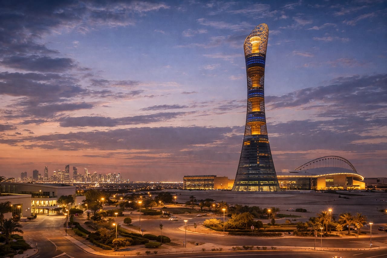 Башня Aspire Tower в Дохе на фоне вечернего неба и современной городской застройки