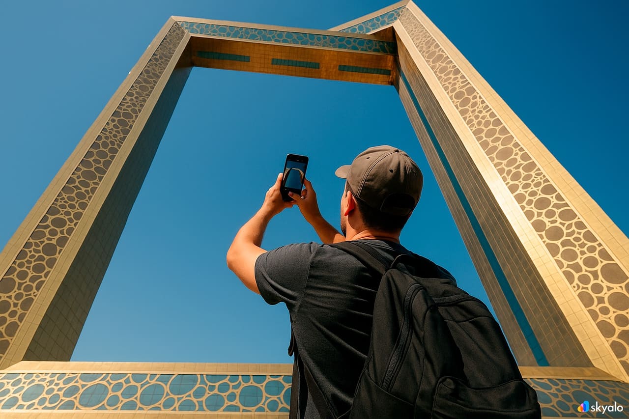 Турист фотографирует Dubai Frame снизу