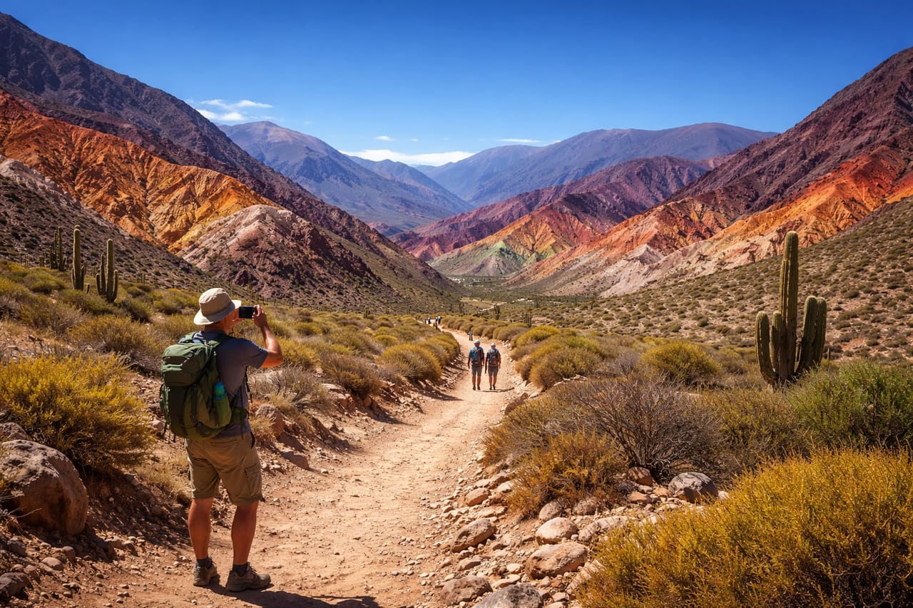 Montagne multicolori della Quebrada de Humahuaca e turista che fotografa il paesaggio con lo smartphone