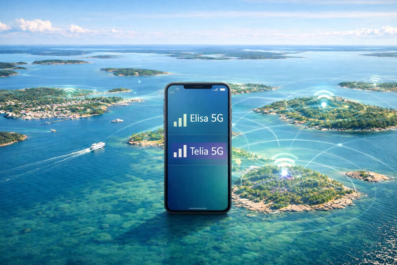 Smartphone al centro dell’inquadratura con reti Elisa 5G e Telia 5G attive sullo sfondo dell’arcipelago delle Isole Åland e visualizzazione della copertura mobile