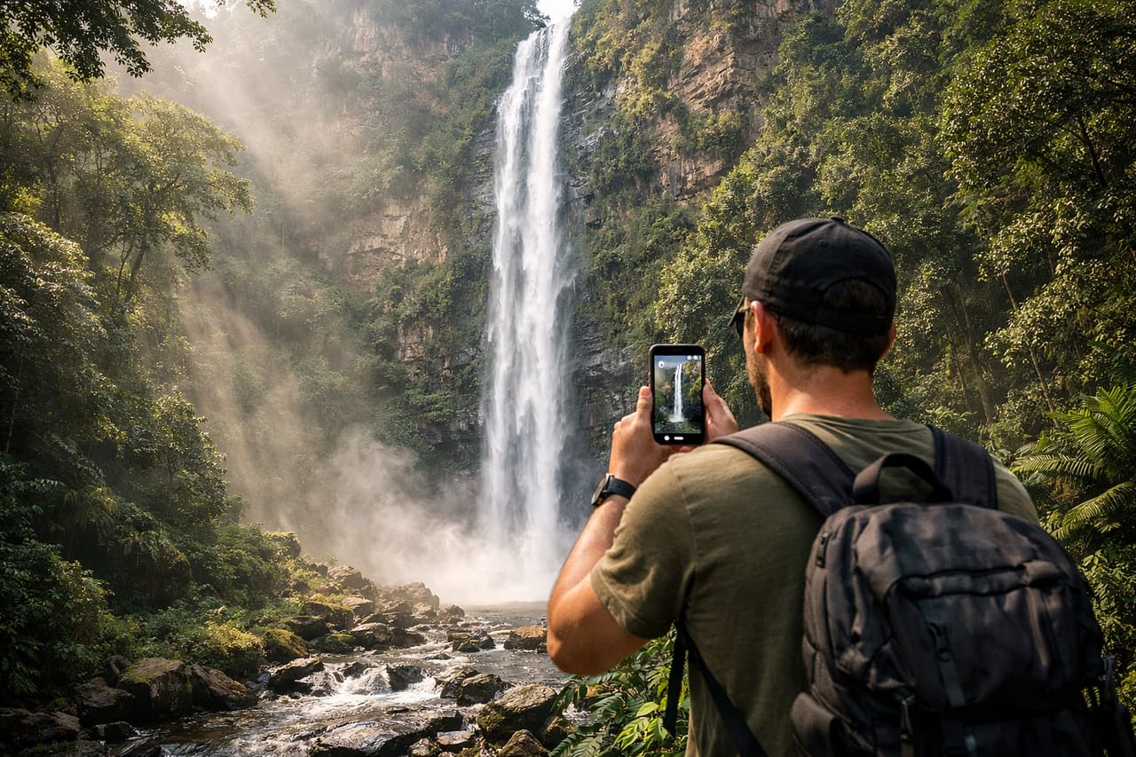 Cascata di Wli nella foresta tropicale e un turista con smartphone con eSIM