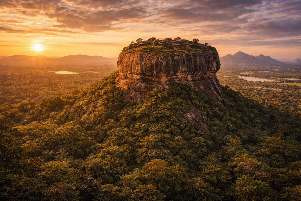 La rocca di Sigiriya sullo sfondo della giungla tropicale dello Sri Lanka, con le rovine dell’antica fortezza in cima.