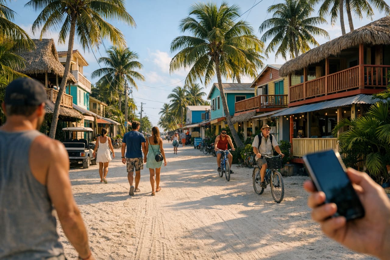 Caye Caulker con strade sabbiose, palme e turisti, una persona con il telefono in mano
