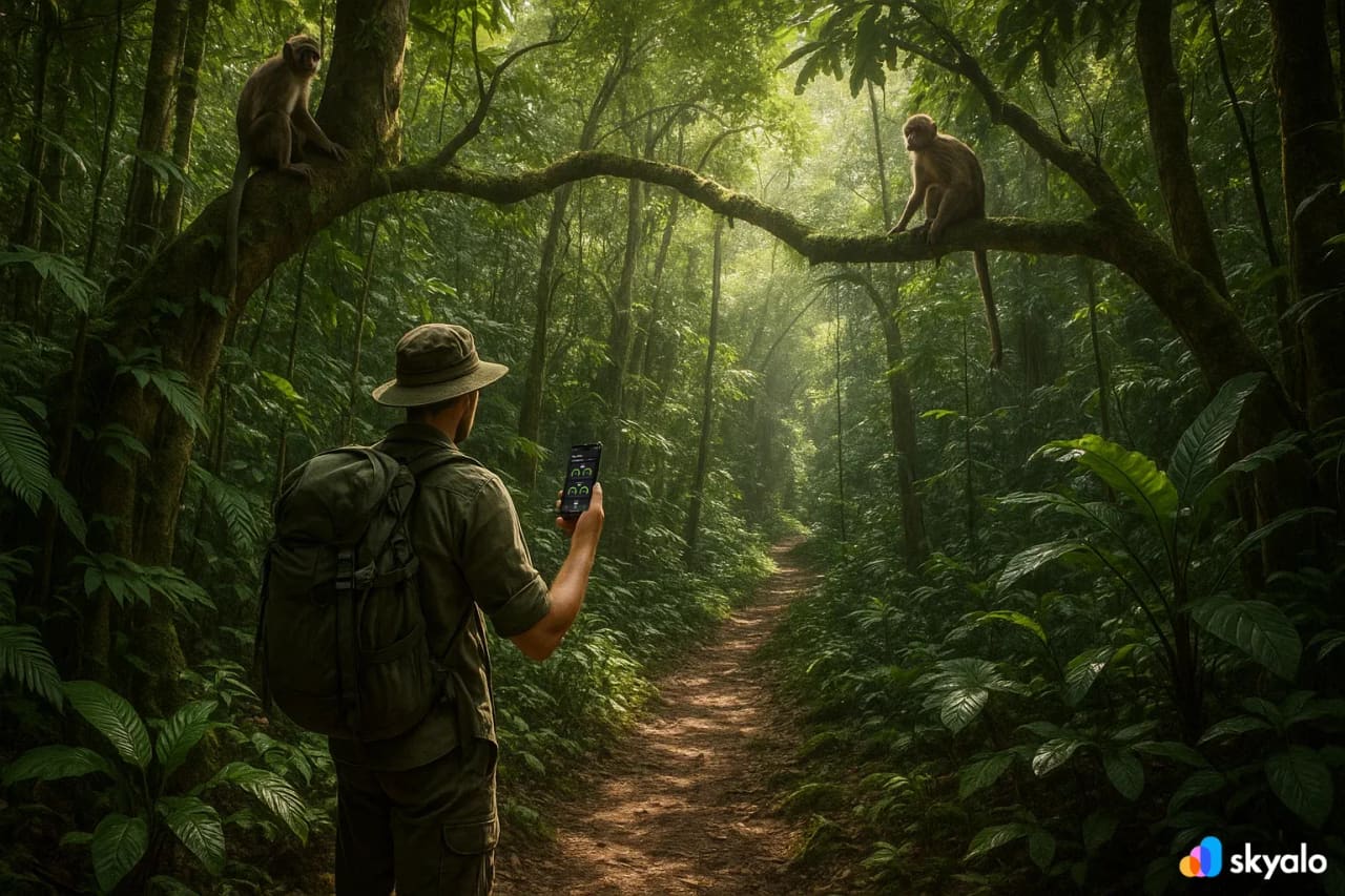 Un viatger a la jungla de Cuc Phuong comprova la cobertura de l’eSIM, mantenint-se connectat entre la natura i els micos