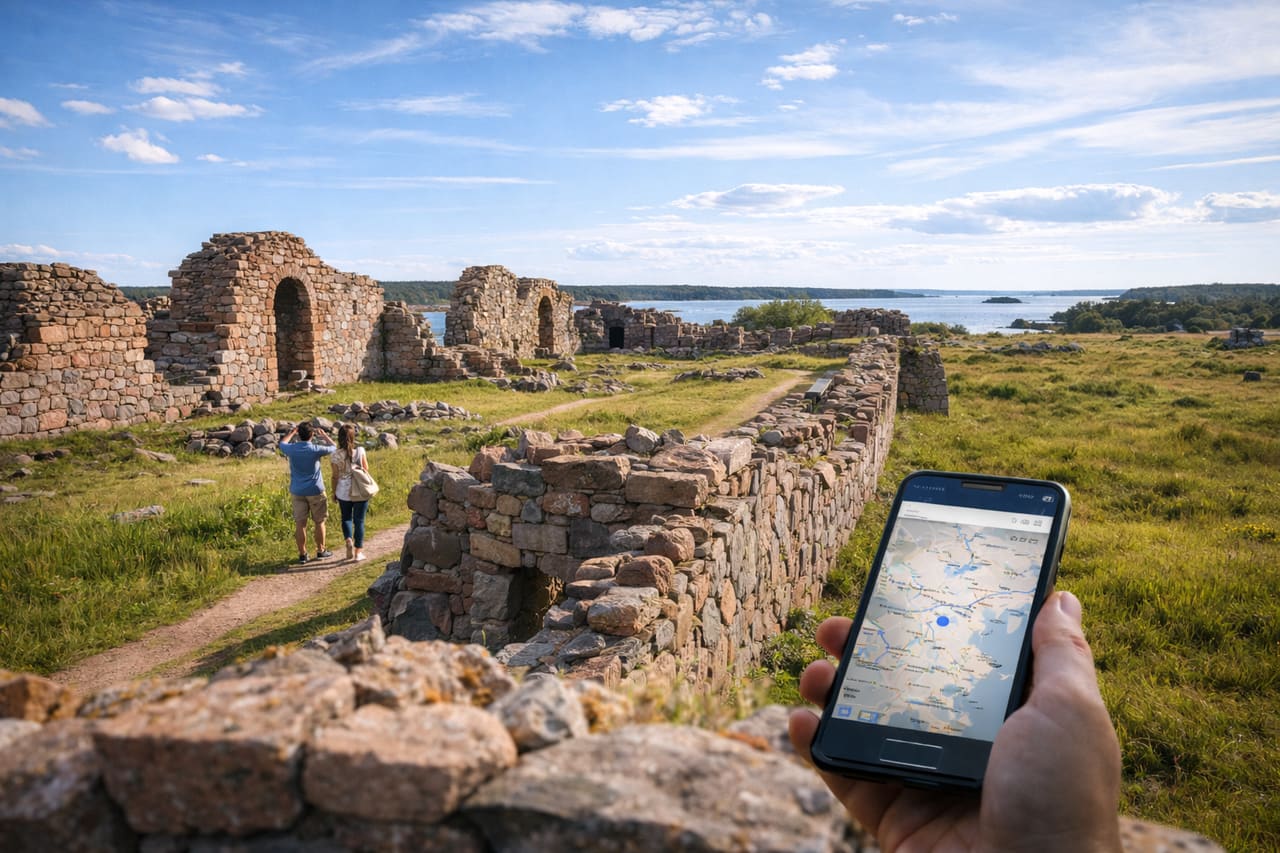 Rovine della fortezza di Bomarsund nelle Isole Åland con turisti e smartphone con eSIM