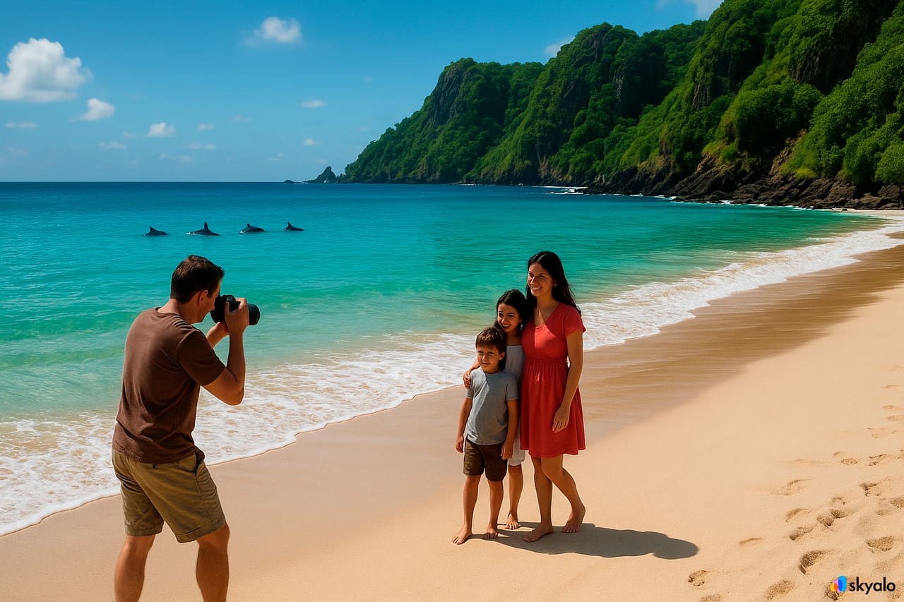 Fernando de Noronha plajında fotoğraf çeken aile; beyaz kum ve turkuaz deniz