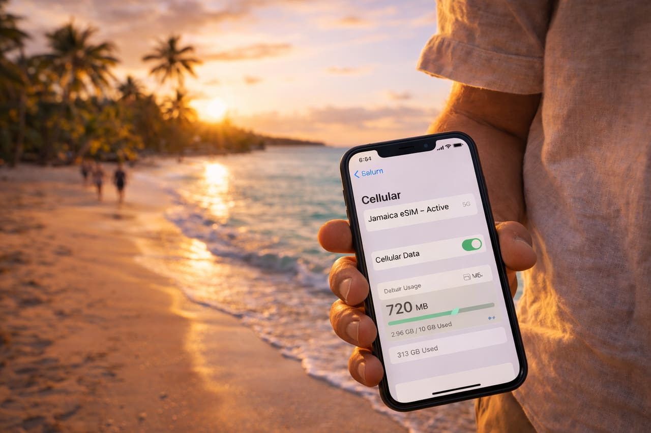 Smartphone con eSIM Jamaica attiva e segnale 5G sullo sfondo di una spiaggia tropicale della Giamaica