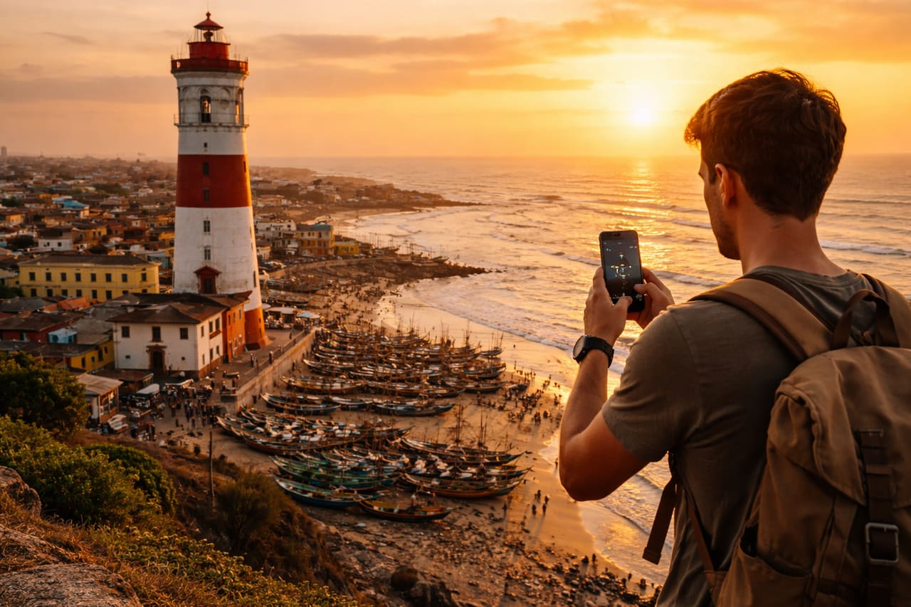 Il faro di Jamestown ad Accra e un viaggiatore che usa uno smartphone con eSIM