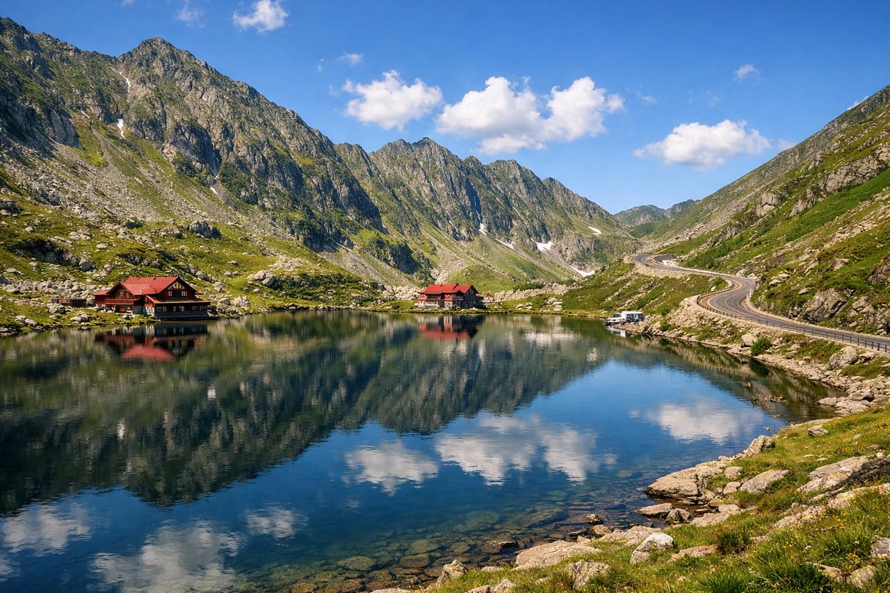 Il Lago alpino Bâlea tra le montagne dei Carpazi.