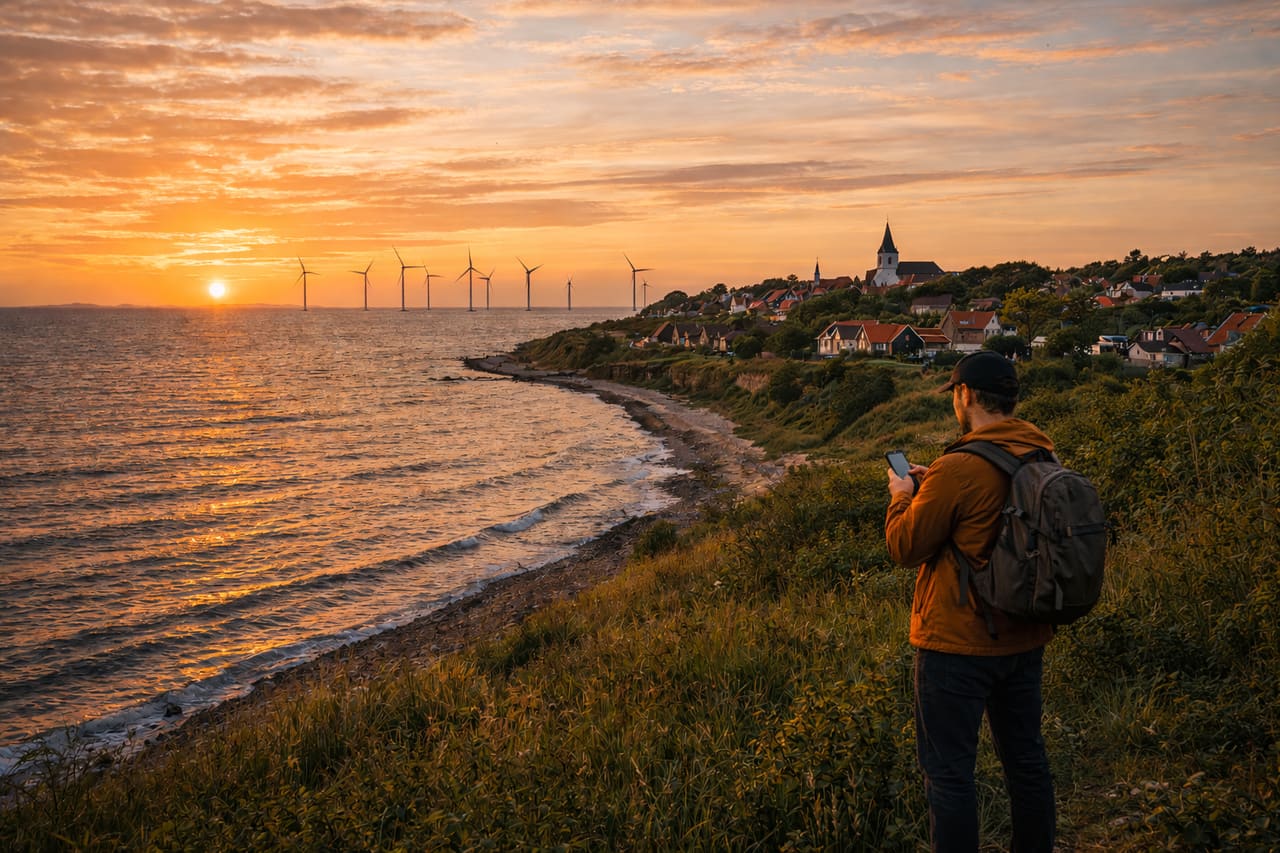 Isola di Samsø e viaggiatore con smartphone con eSIM