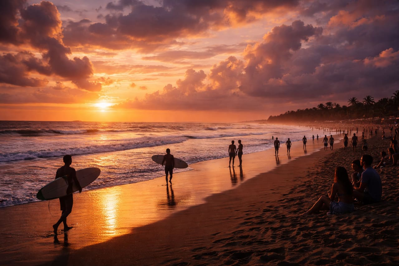 Tramonto sulla spiaggia di Seminyak con le sagome dei surfer