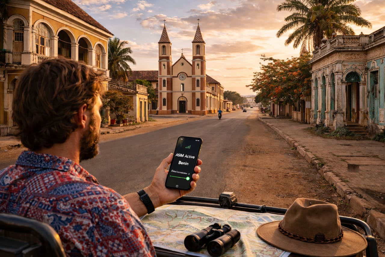 Porto-Novo i Benin med kolonial arkitektur, rolige gader, tropiske træer og en rejsende med en smartphone med aktiv eSIM under en byvandring