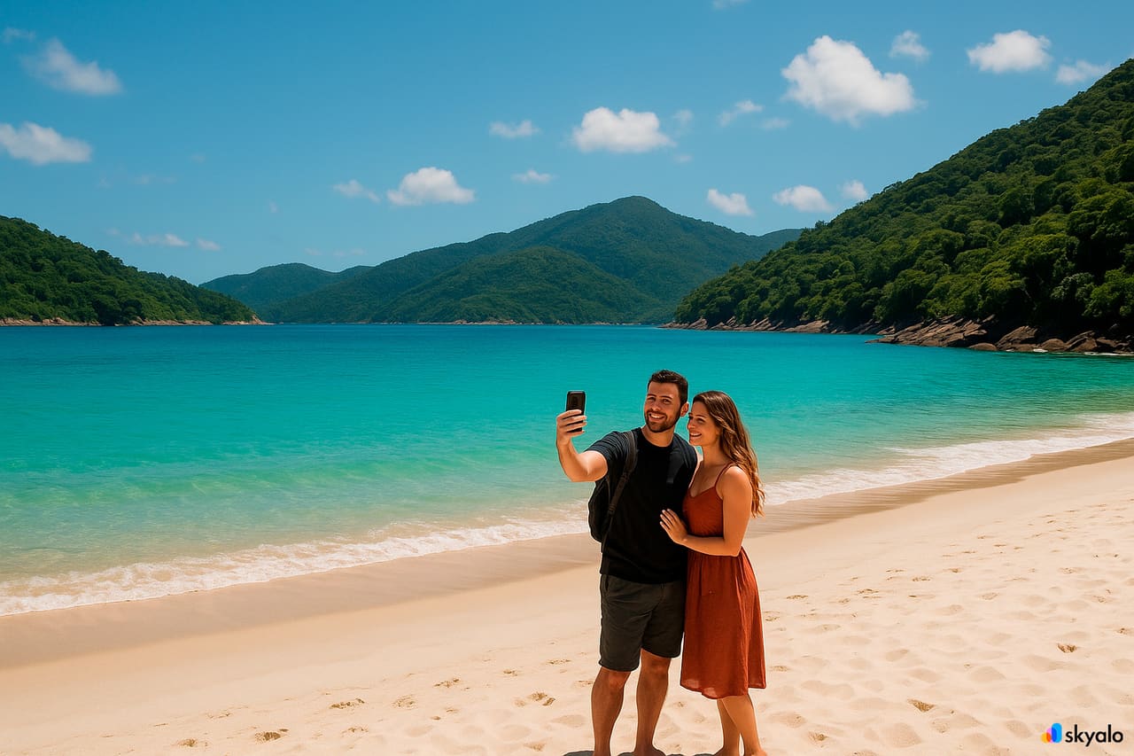 Ilha Grande plajında selfie çeken çift; arkalarında beyaz kum ve yeşil tepeler
