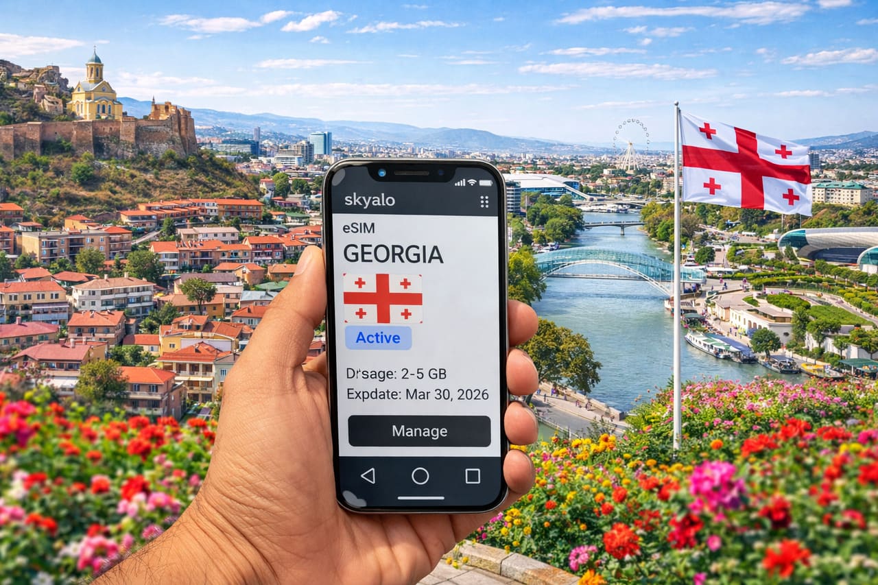 eSIM نشطة في جورجيا على هاتف مسافر أمام تبليسي ونهر كورا والمشهد الحضري - إنترنت محمول للسفر بدون تجوال.