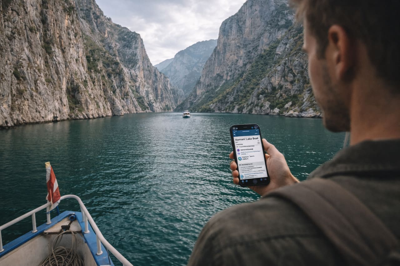 Lago di Koman in Albania con rocce simili a fiordi