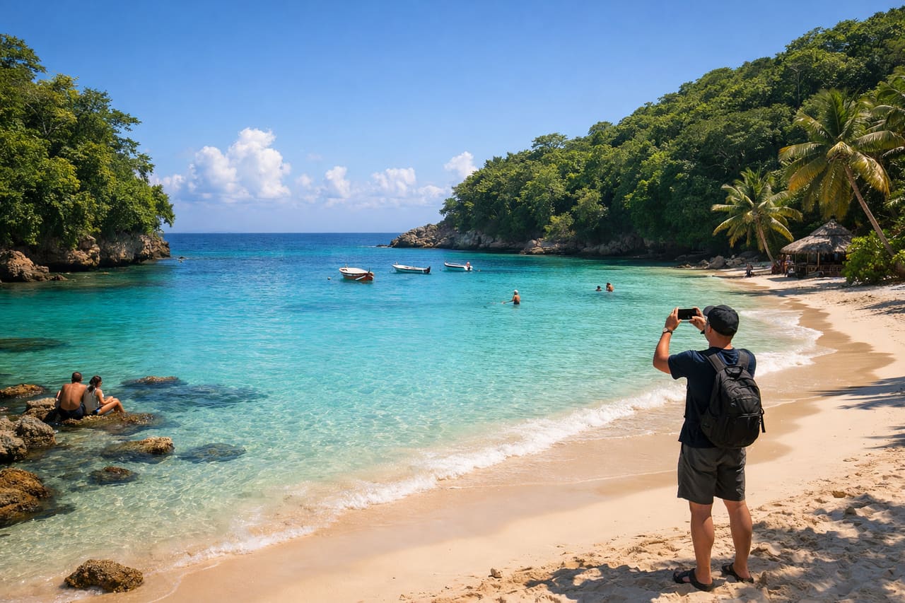 Spiaggia appartata Winnifred: alcune persone sullo sfondo, una scatta una foto con il telefono