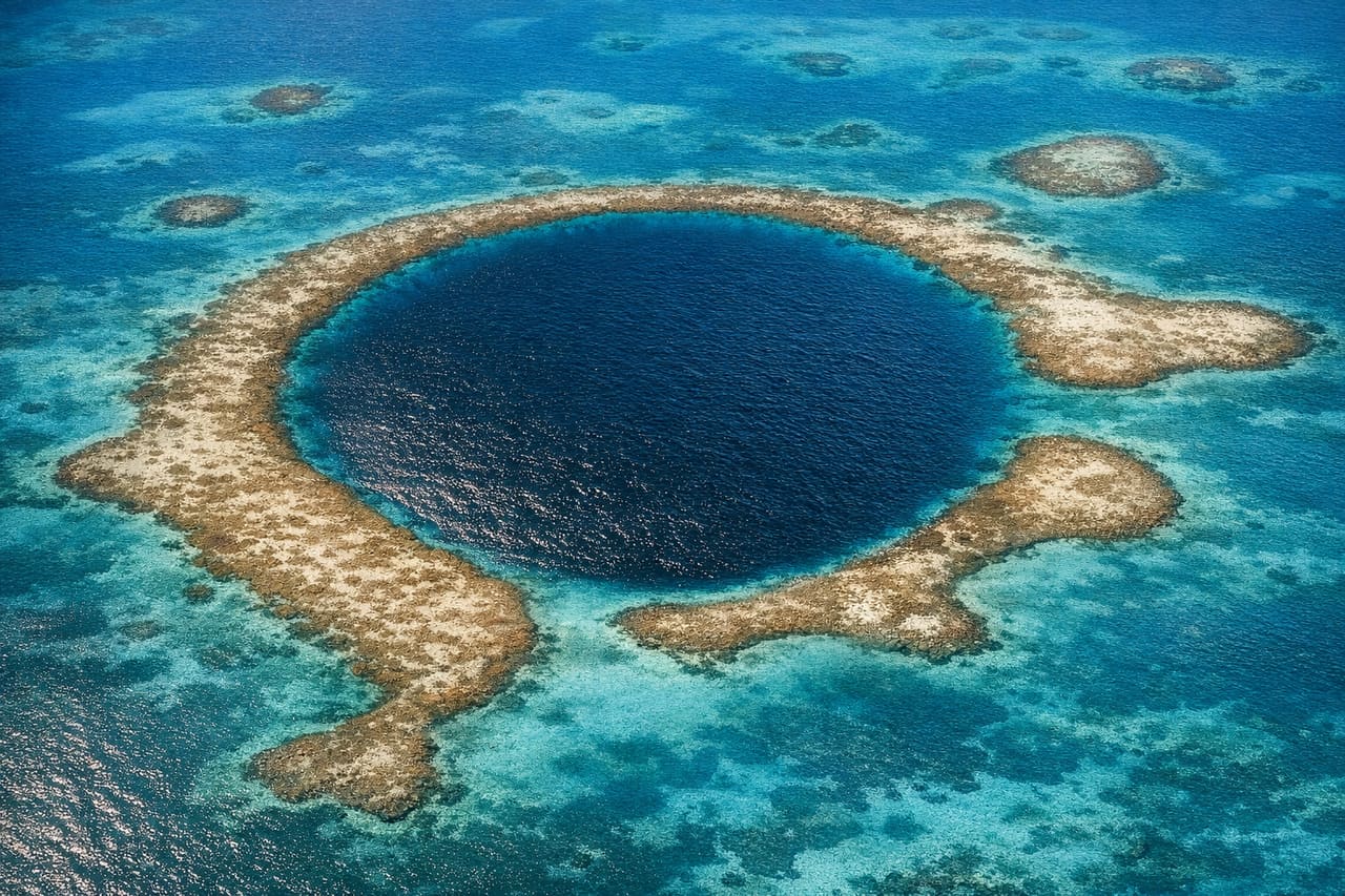 Il Blue Hole in Belize visto dall’alto, un cerchio blu scuro nell’oceano tra i reef