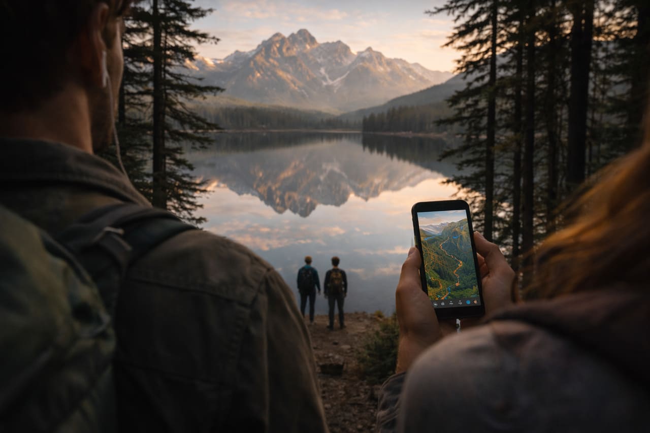 Inquadratura simmetrica del lago con riflesso a specchio delle montagne, la foresta di pini incornicia la scena; due turisti stanno vicino all’acqua come piccole figure, in un’inquadratura da sopra la spalla si vede uno smartphone con una mappa satellitare del percorso aperta.