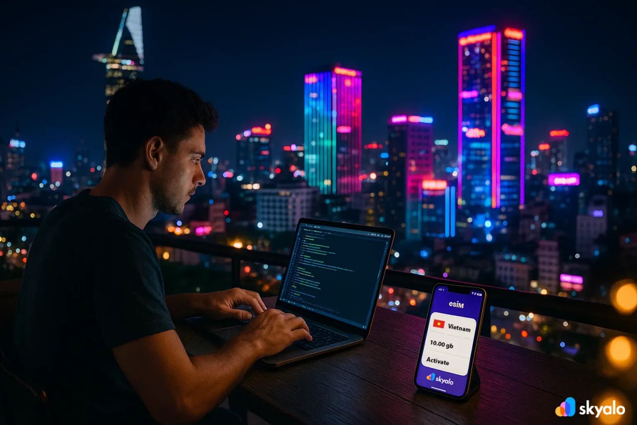 Skyline notturna di Ho Chi Minh City, nomade digitale con eSIM Skyalo che lavora al laptop e chatta online