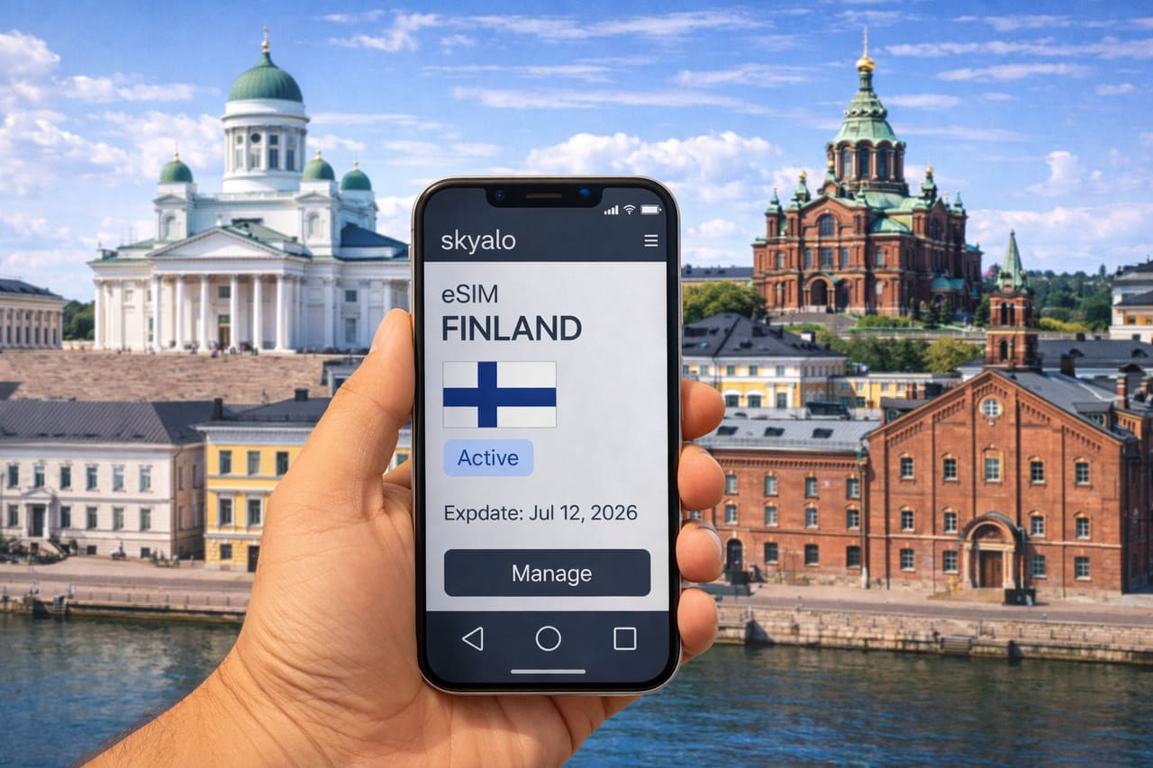 Смартфон с приложением Skyalo и активированной eSIM для Финляндии на фоне архитектурных достопримечательностей Хельсинки и набережной.