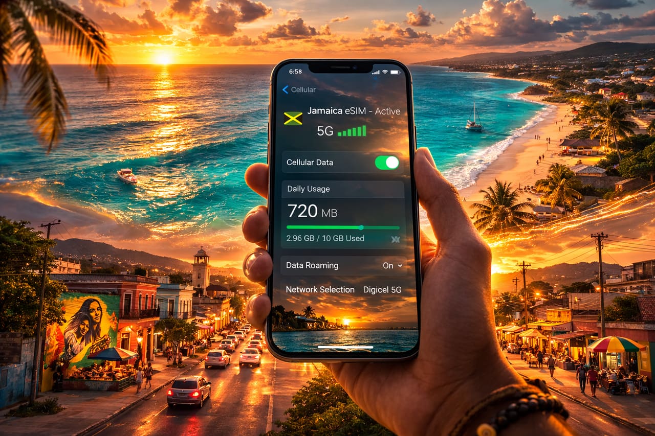 Smartphone con eSIM Jamaica attiva e segnale 5G su sfondo a doppia esposizione della costa e delle strade di Kingston