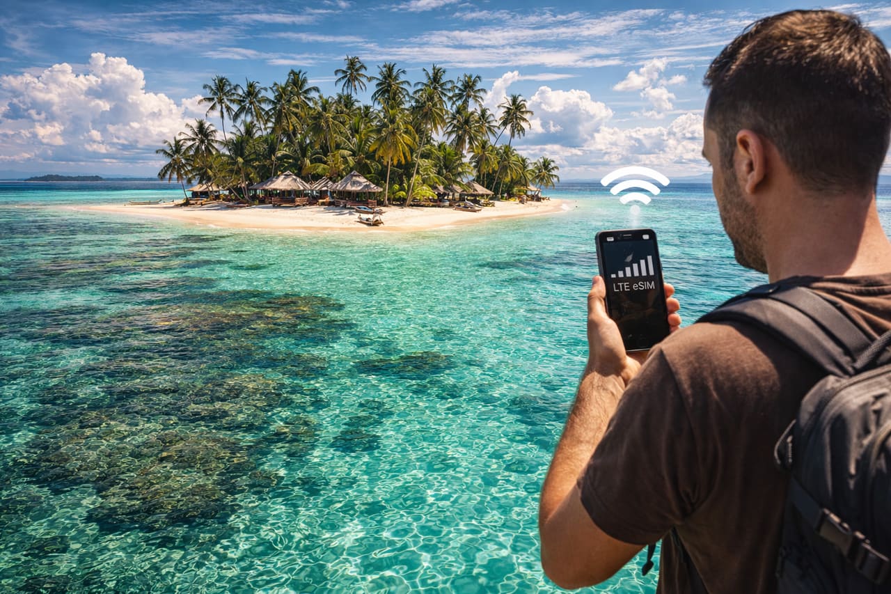 Isole tropicali di San Blas a Panama e viaggiatore con smartphone con eSIM