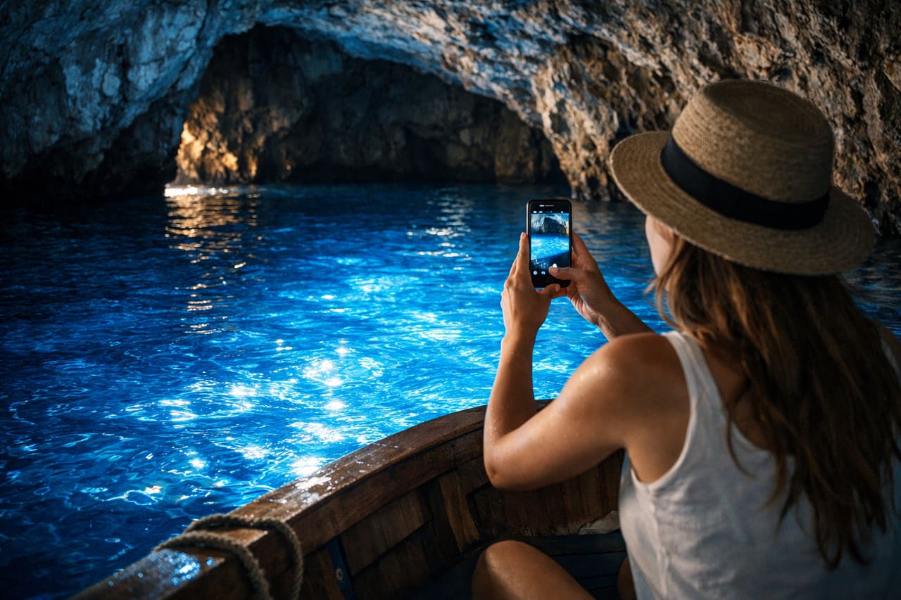 Grotta Azzurra e una turista con lo smartphone