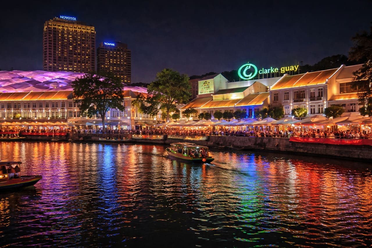 Clarke Quay la sera con luci vivaci.