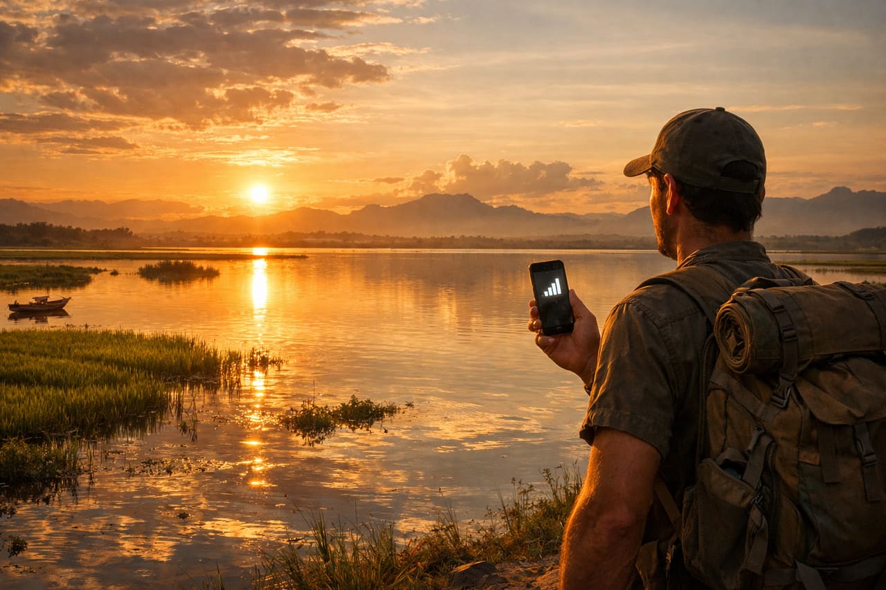 Lago Alaotra e viaggiatore con eSIM attiva