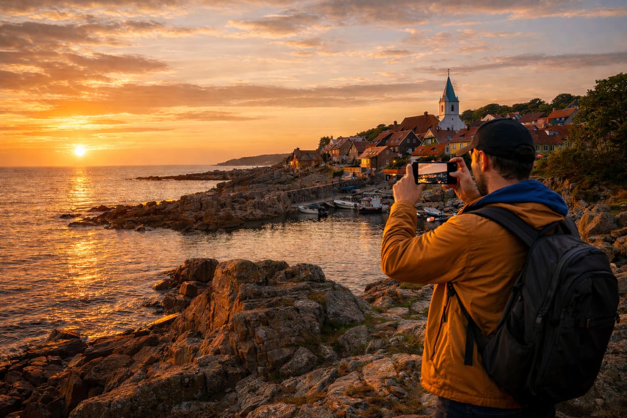 Costa dell’isola di Bornholm e turista che usa un’eSIM