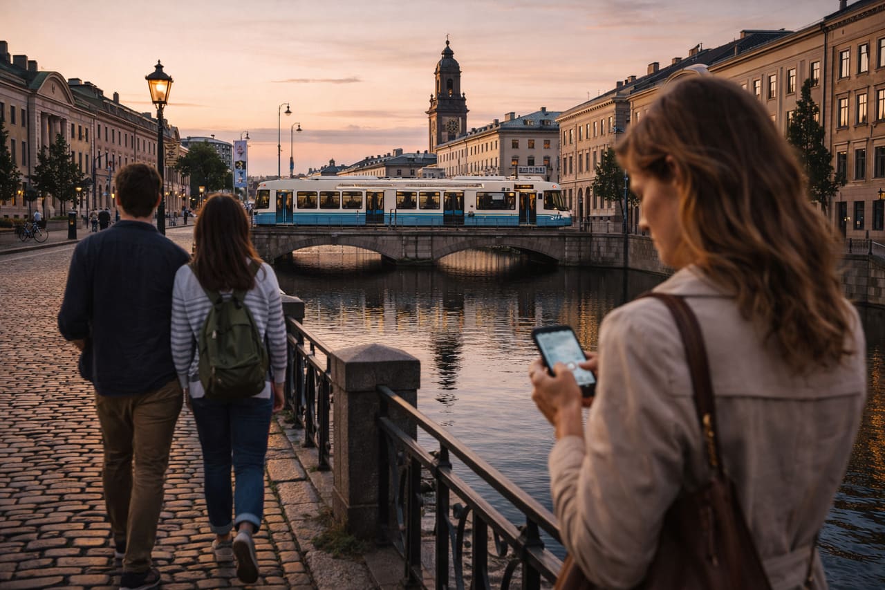 I canali di Göteborg e una turista controlla i trasporti sullo smartphone