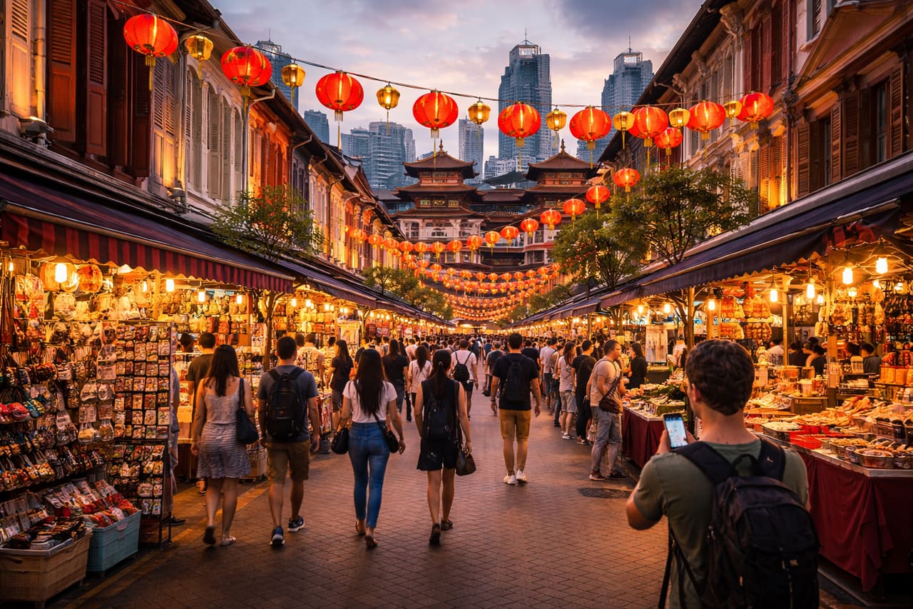 Una strada di Chinatown con lanterne e mercati.