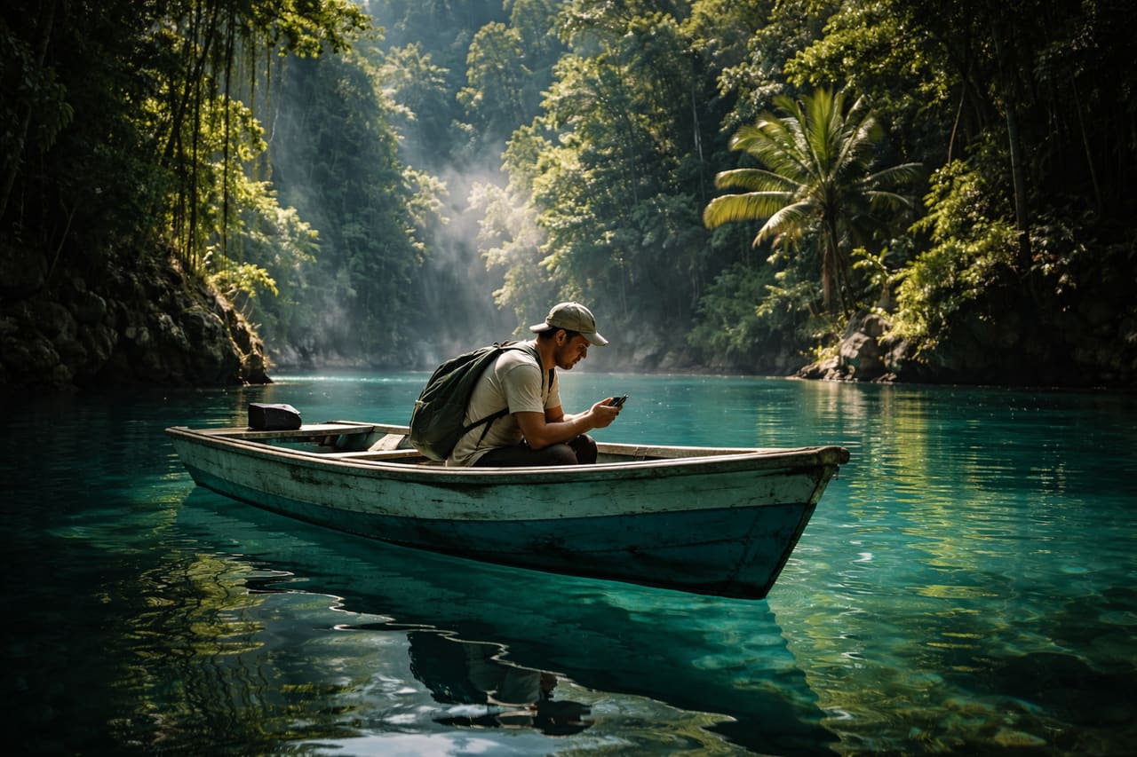 Barca sulla Blue Lagoon: un viaggiatore controlla lo smartphone