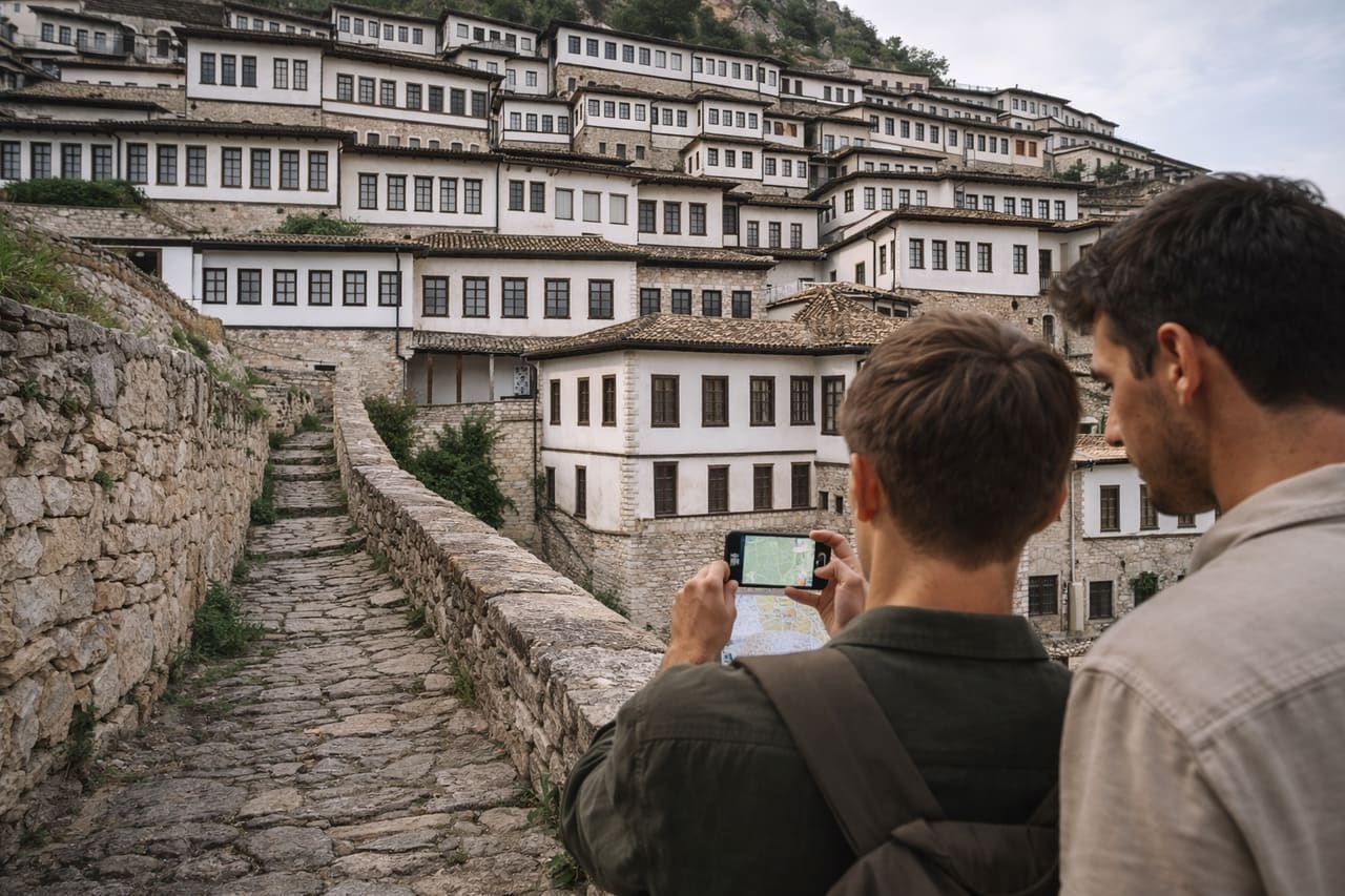 Città storica di Berat in Albania con case bianche sulla collina