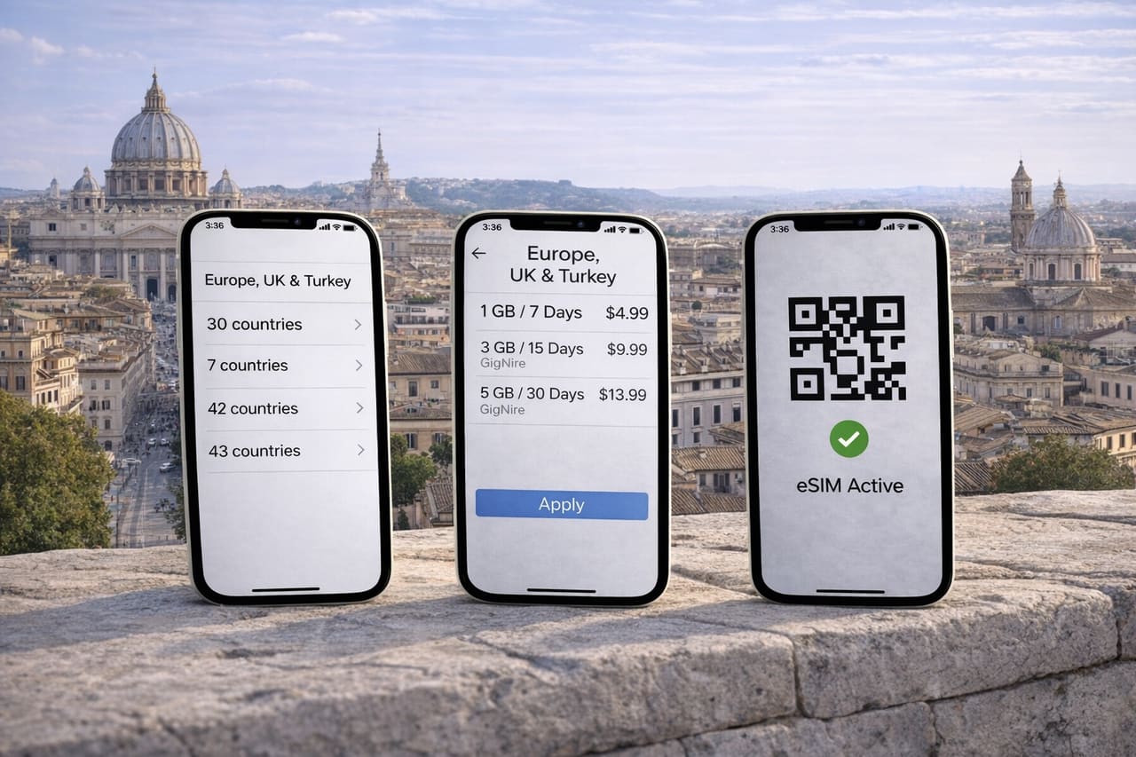 Три смартфона с выбором и активацией eSIM для Европы на фоне панорамы Рима