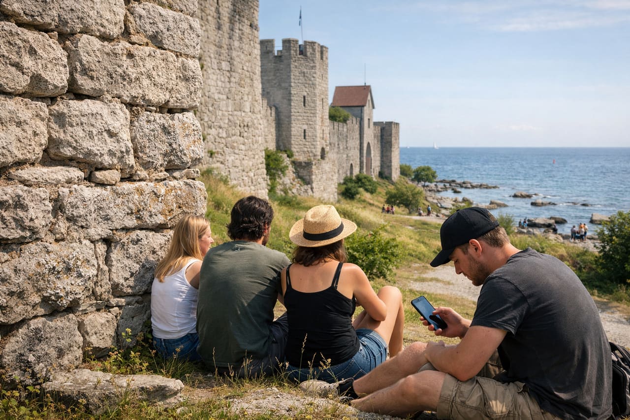 Mura medievali di Visby e turisti sullo sfondo