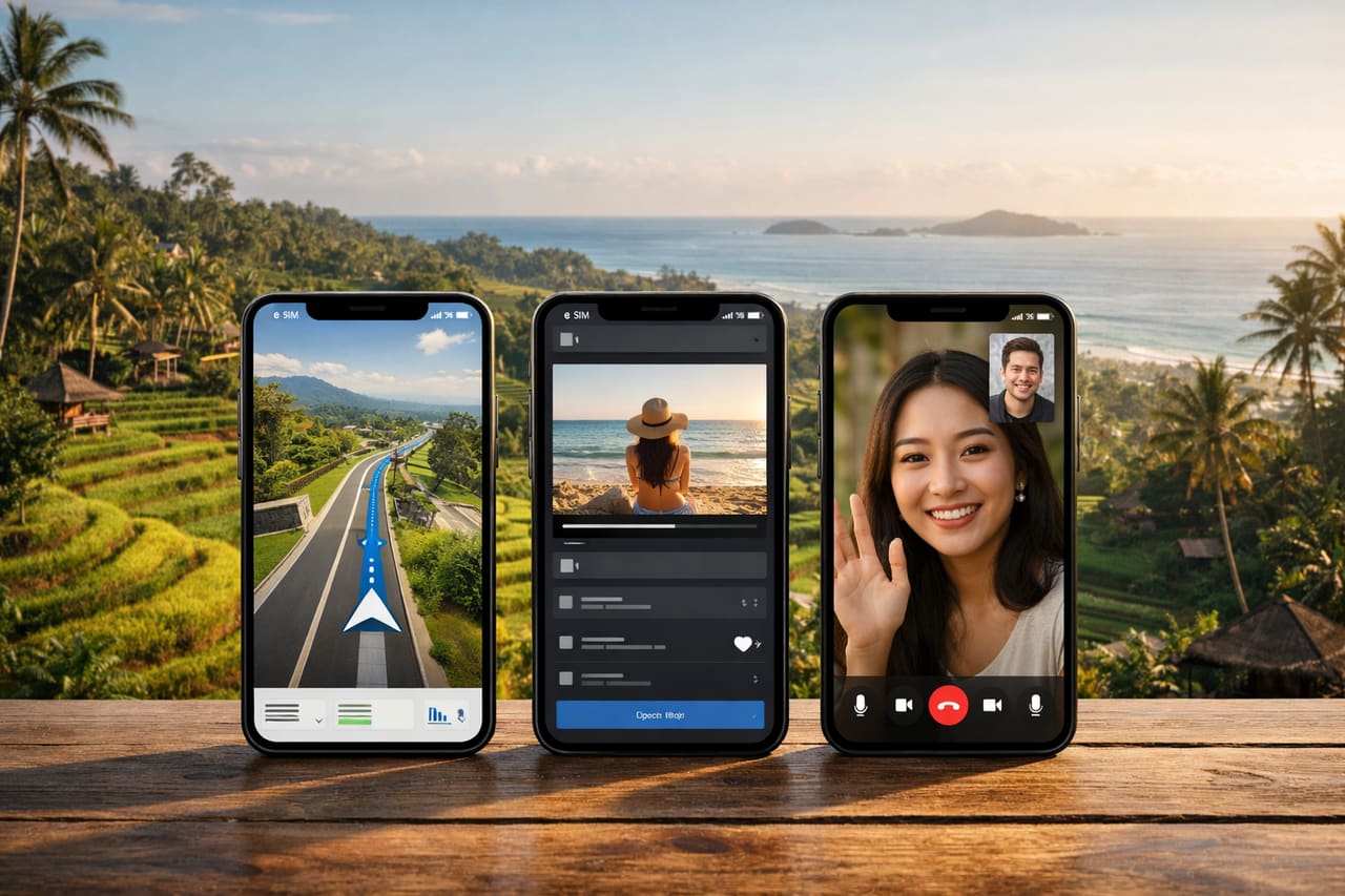 Tre smartphone con eSIM attiva sullo sfondo di un paesaggio tropicale di Bali, sugli schermi mappe, upload di video e una videochiamata
