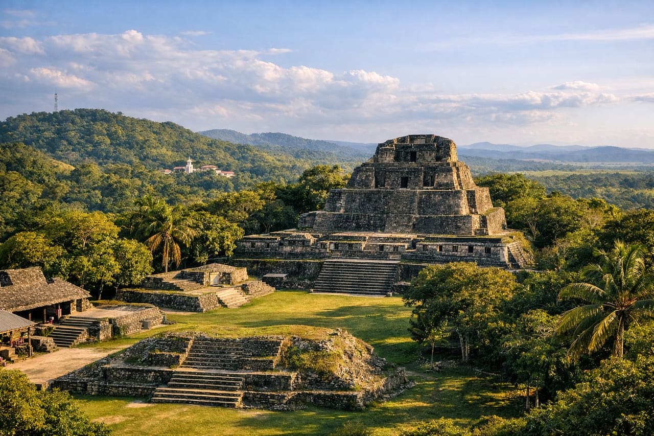 La piramide di Xunantunich sopra la giungla del Belize alla luce calda del sole