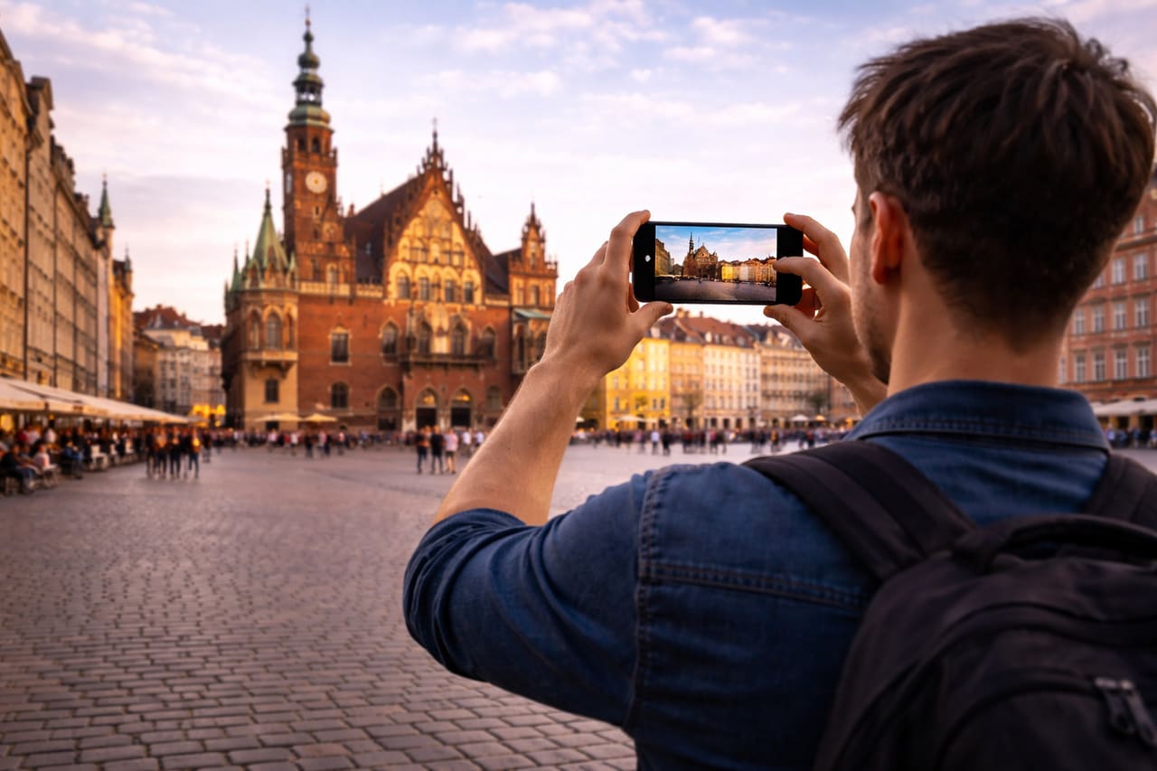 Un turista nella piazza di Breslavia usa uno smartphone con eSIM attiva
