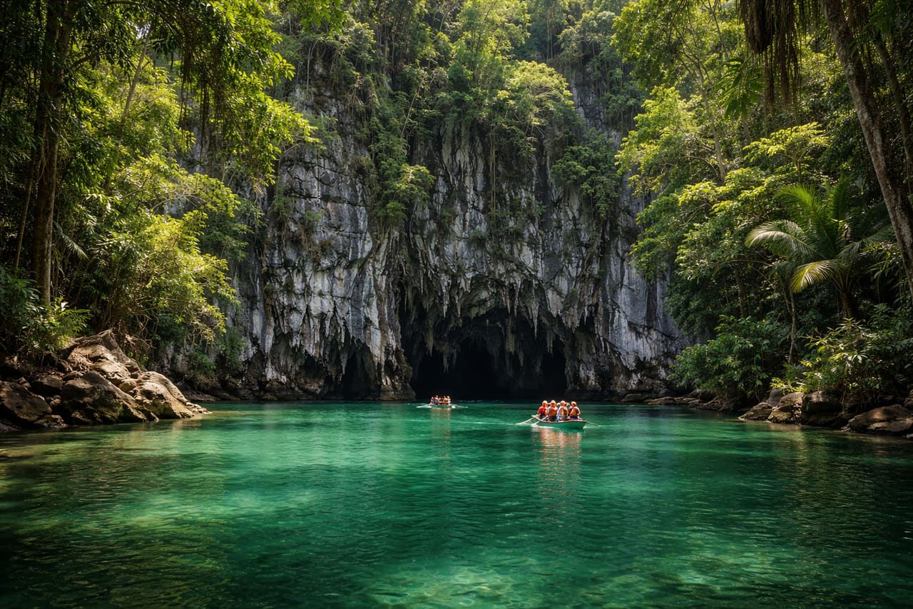 Ingresso al fiume sotterraneo di Puerto Princesa tra la giungla dell’isola di Palawan.