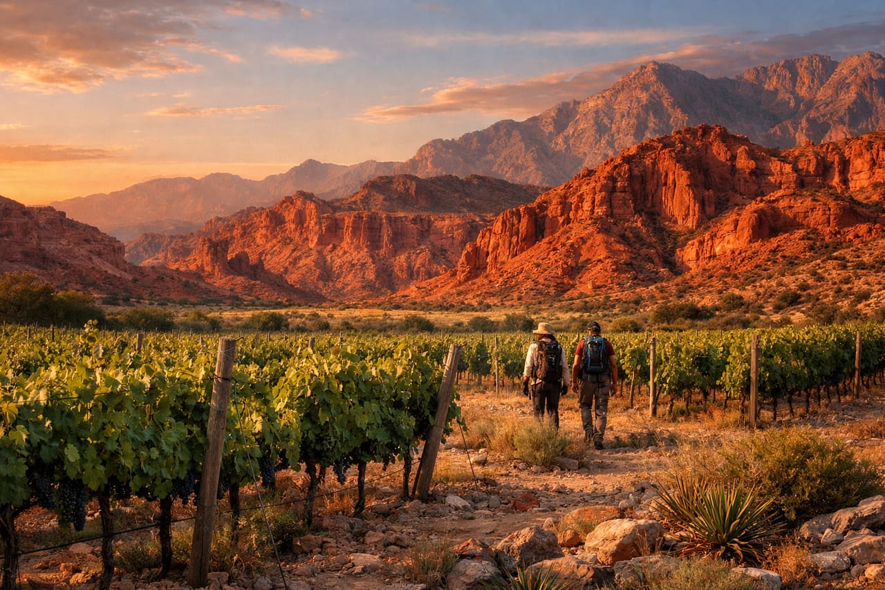Valle di Cafayate e vigneti con turista che pianifica il percorso tramite eSIM