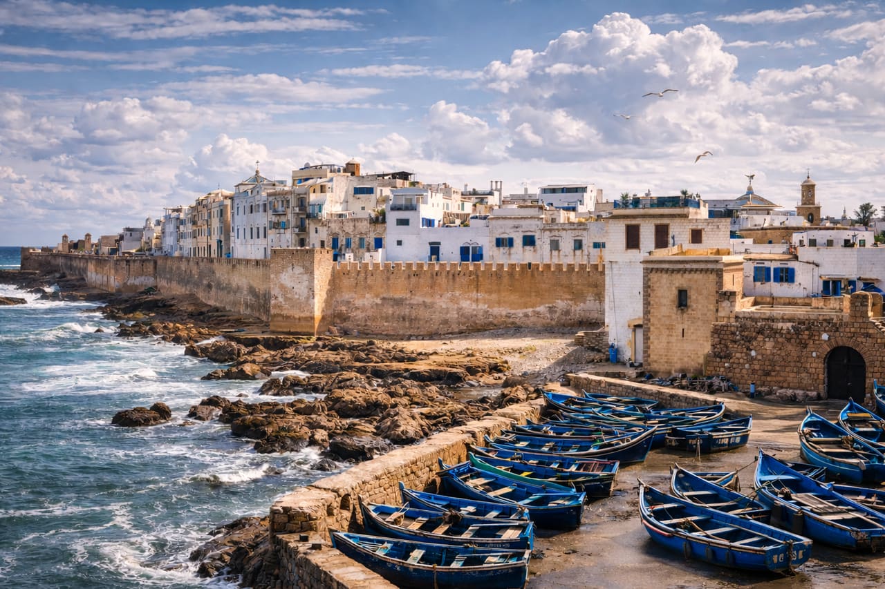 Porto e mura fortificate della città di Essaouira sulla costa atlantica del Marocco.