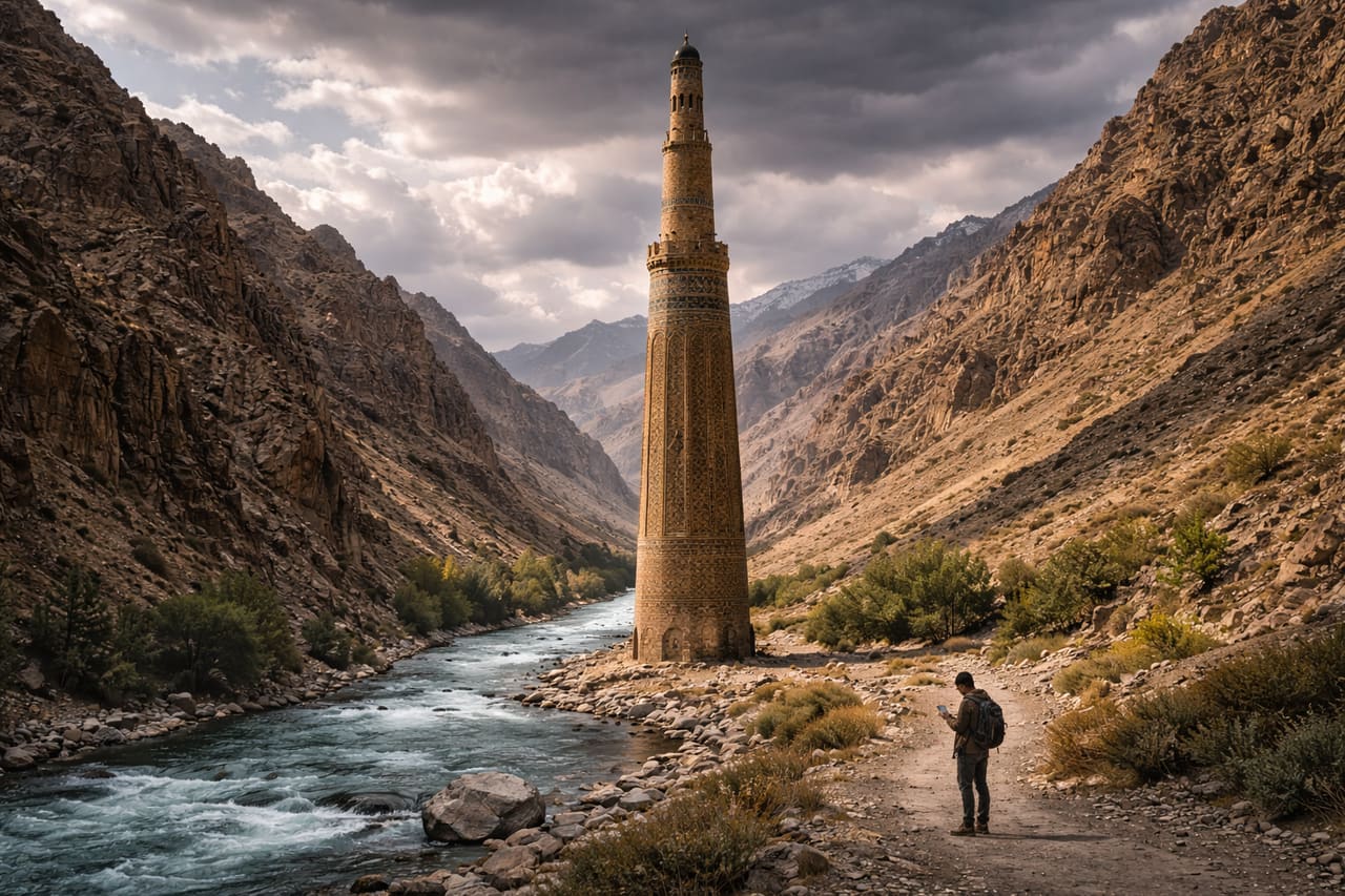Minareto di Jam tra le montagne e un turista con smartphone