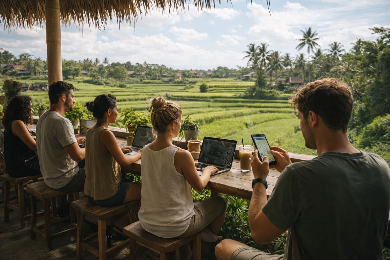 Caffè a Canggu con laptop e uno smartphone sul tavolo
